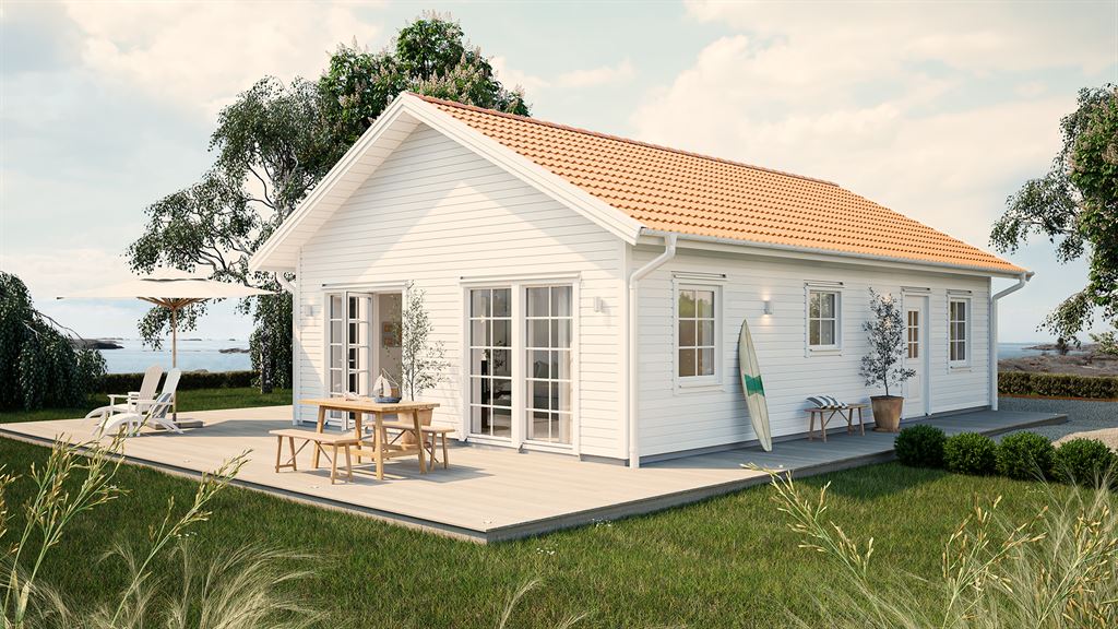 Visualisering av vitt fritidshus i lösvirke i klassisk stil